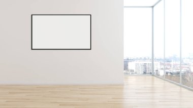 Model poster çerçeve illüstrasyonuna sahip modern parlak iç mekanlar 3D oluşturulmuş bilgisayar görüntülemesi