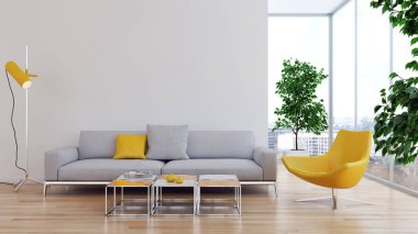 Büyük lüks, modern, parlak iç mekanlar. Oturma odası tasviri. 3D görüntüleme.