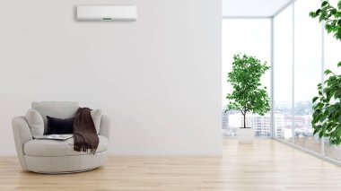 Büyük lüks, modern, aydınlık bir oturma odası. Klima modelleme çizimi 3D.