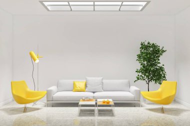 Büyük lüks, modern, parlak iç mekanlar. Oturma odası tasviri. 3D görüntüleme.