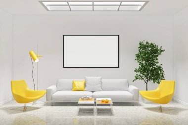 Model poster çerçeve illüstrasyonuna sahip modern parlak iç mekanlar 3D oluşturulmuş bilgisayar görüntülemesi