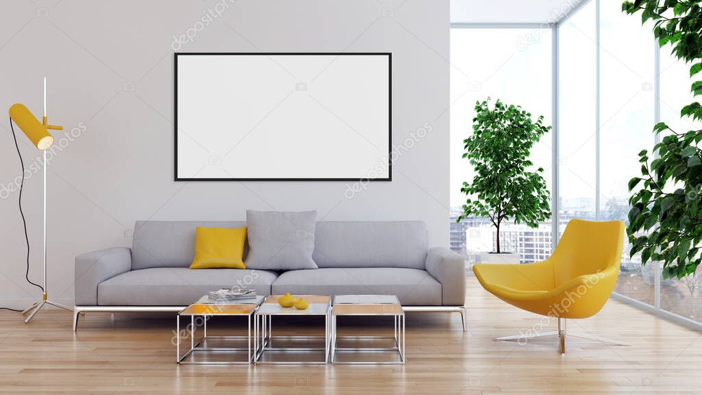 Modern bright interiors with mockup poster frame illustration 3D rendering computer generated image