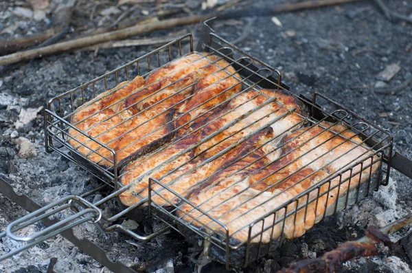 Salmon steak on the fire. — Stock Photo, Image