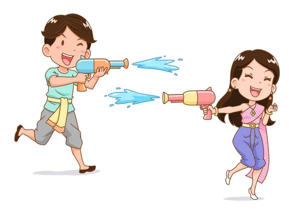 タイのソンクラン祭りで水銃を演奏男の子と女の子の漫画のキャラクター — ストックベクタ