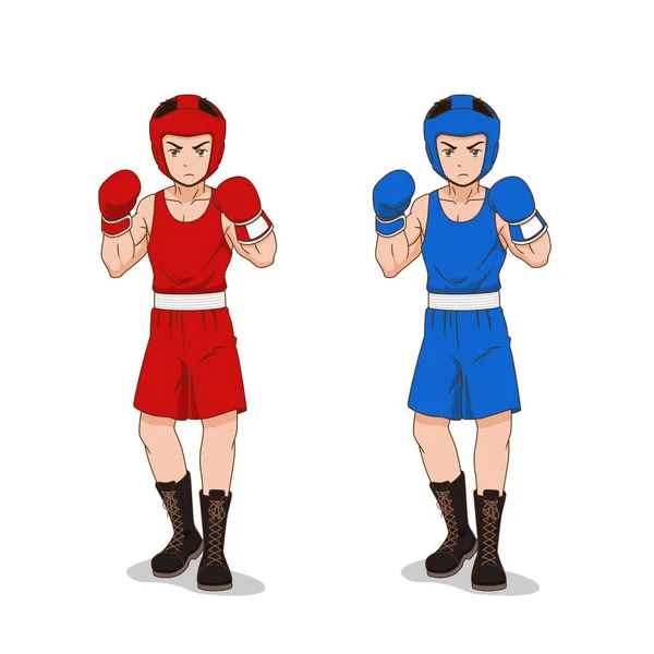 Personaje Dibujos Animados Amateur Boxer Ropa Deportiva Roja Azul — Vector de stock