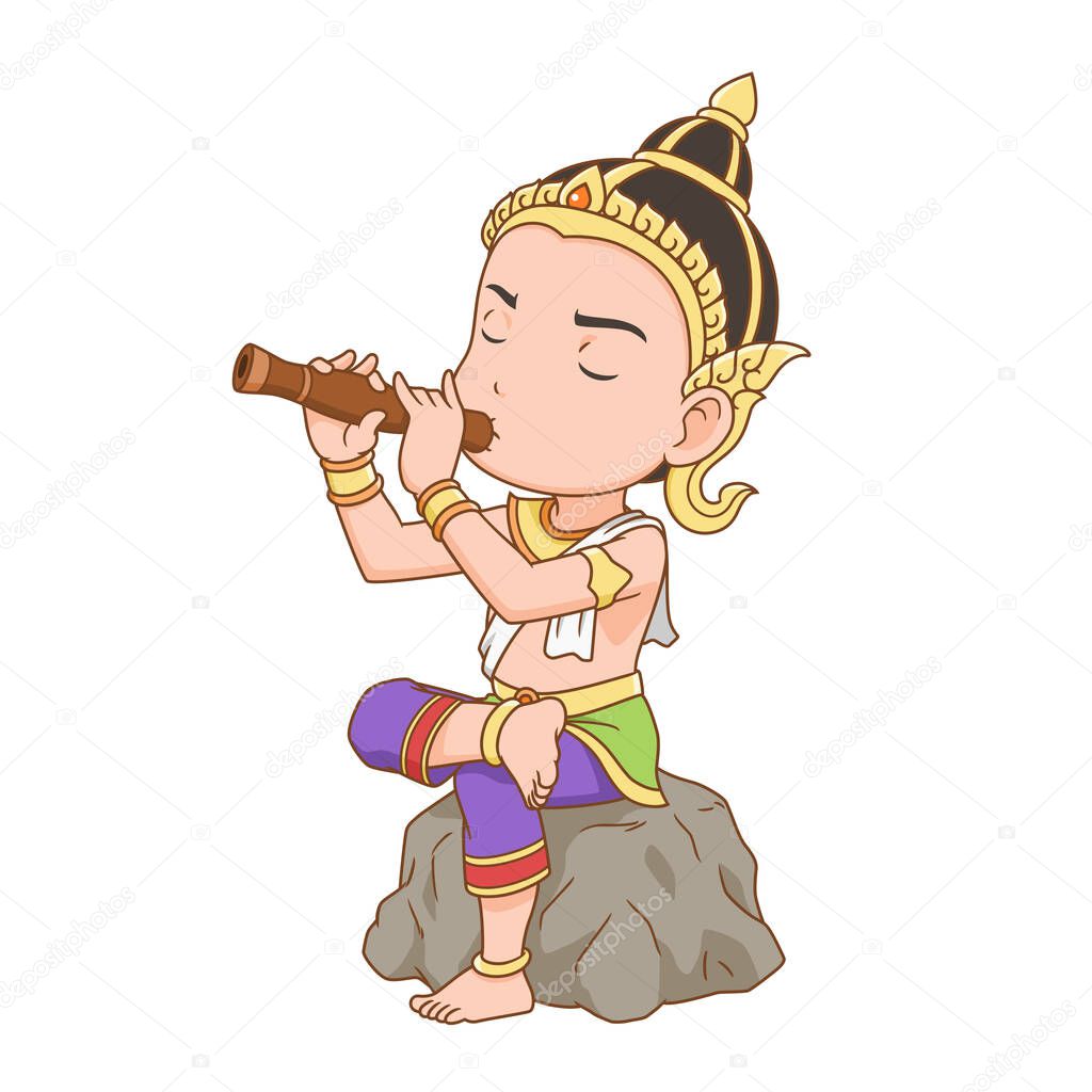 Cartoon character of a man playing Thai oboe, dressing Thai traditional costume.