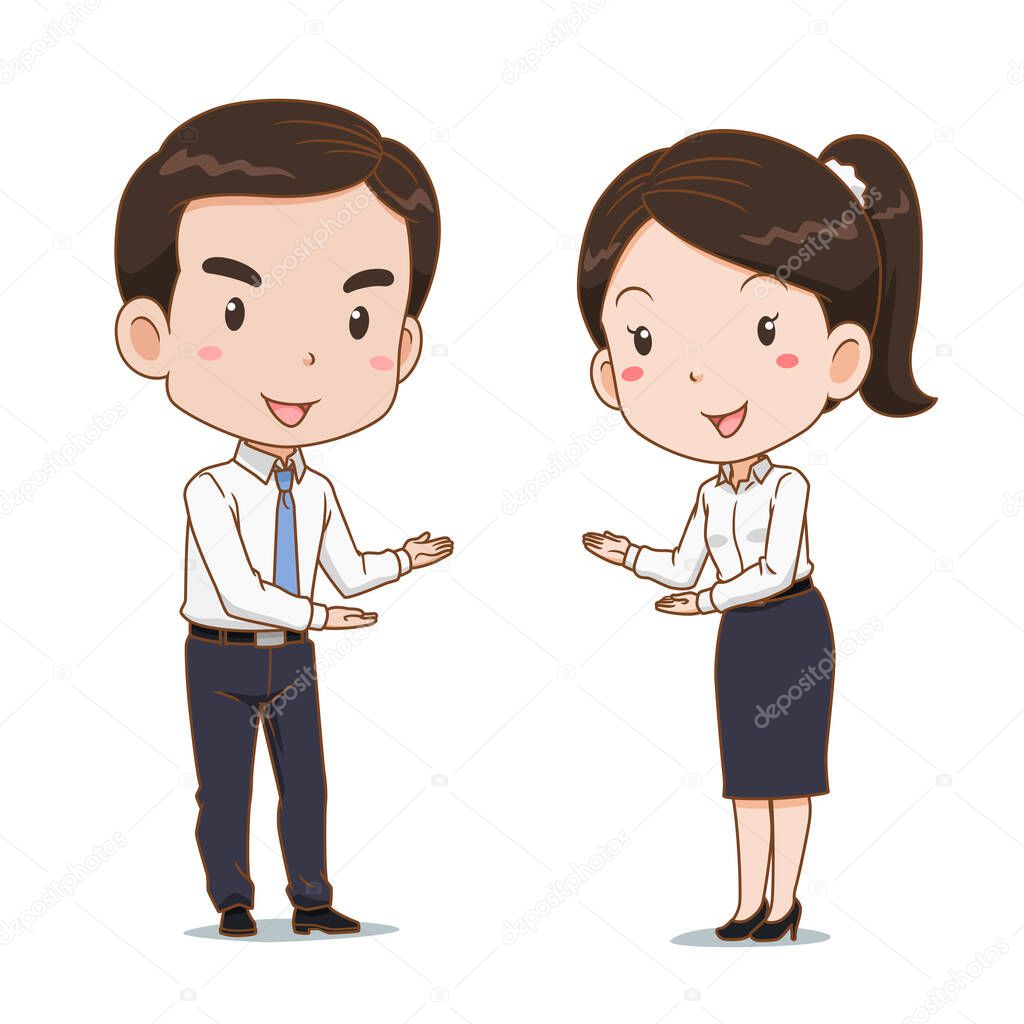 Cartoon of business man and woman in welcoming poses.