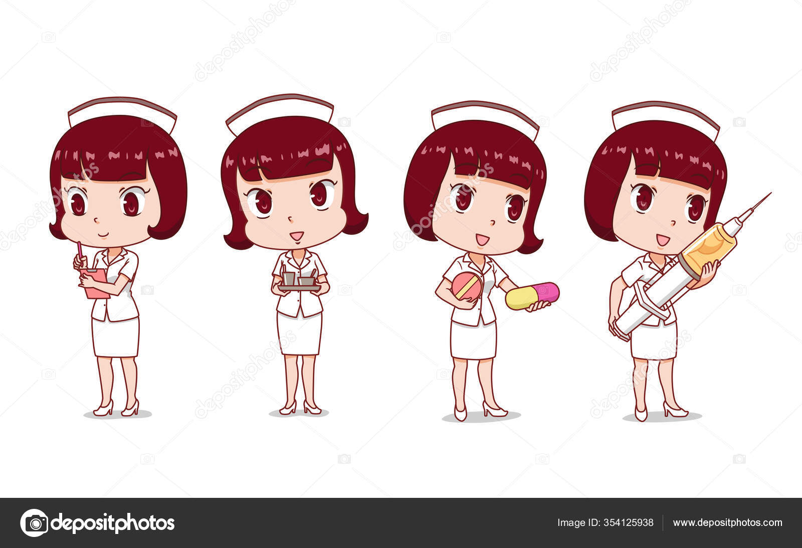 Conjunto Enfermeira Dos Desenhos Animados Diferentes Poses imagem