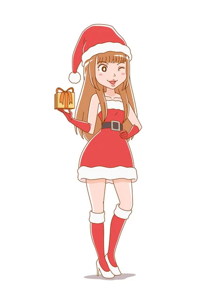 Zeichentrickfigur Mädchen Trägt Weihnachtsmann Klamotten — Stockvektor