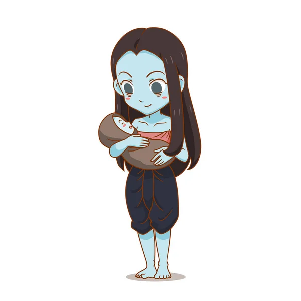 Zeichentrickfigur Eines Thailändischen Weiblichen Geistes Der Ein Kind Trägt — Stockvektor