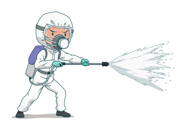 Caractère Caricatural Désinfectant Travailleur Portant Masque Protecteur Des Vêtements Pulvérisant — Image vectorielle