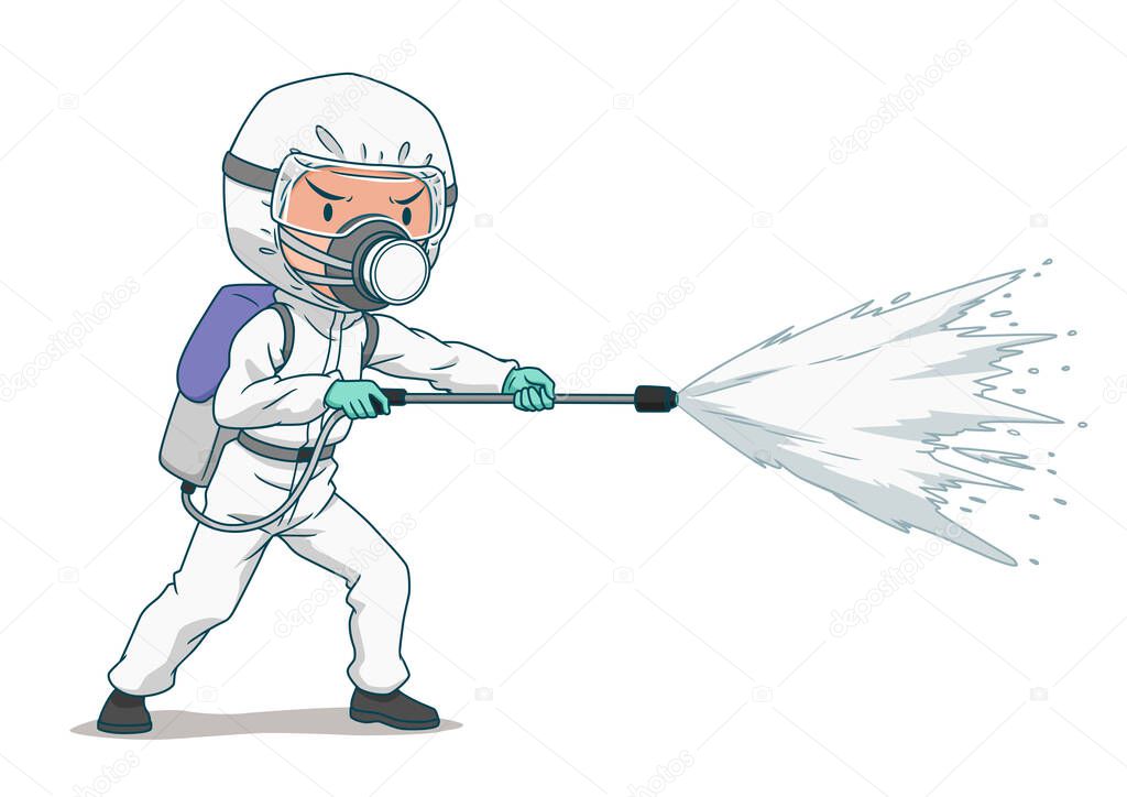 Cartoon character of disinfectant worker wearing protective mask and clothes spraying coronavirus or covid-19.