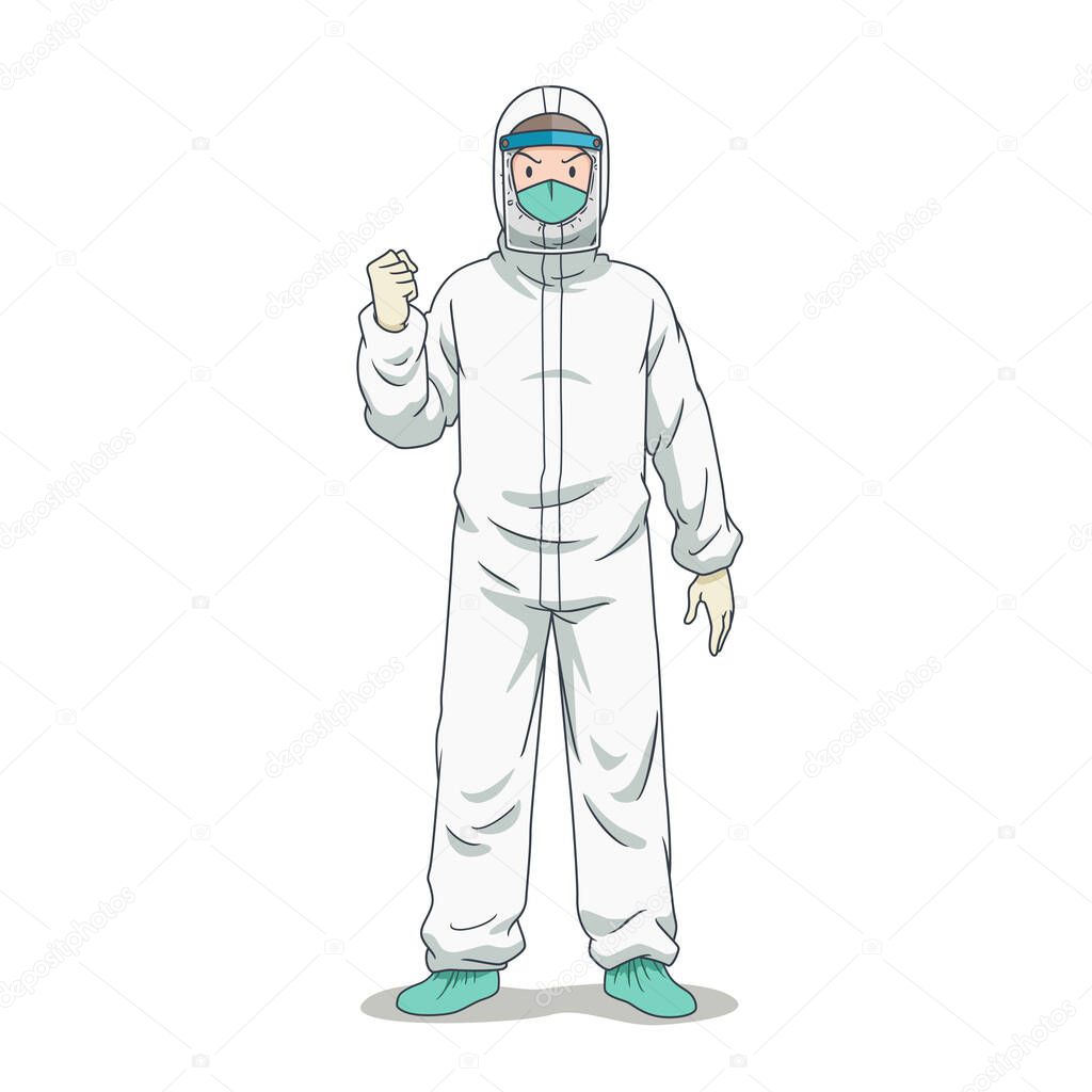 Cartoon character of doctor in safety protective clothing.