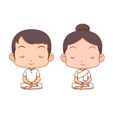 Çizgi film karakteri beyaz giysiler içinde meditasyon yapan kız ve erkek..