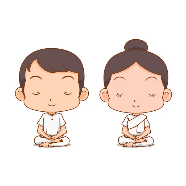 Personaje Dibujos Animados Niño Niña Meditando Ropa Blanca — Vector de stock