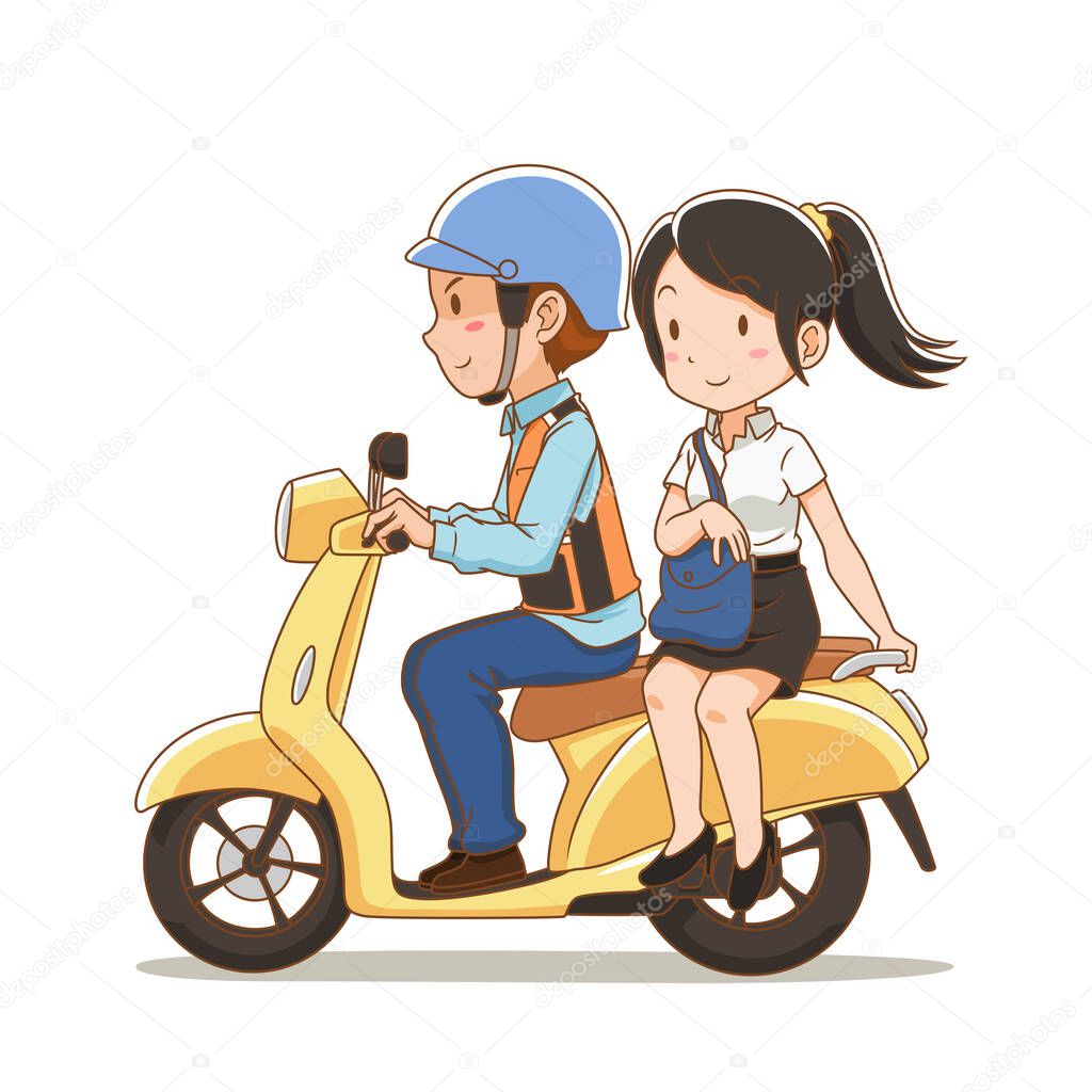 Cartoon character of  motorbike taxi rider and the girl riding pillion on a motorcycle taxi.