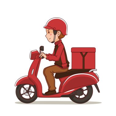 Çizgi film karakteri yemek dağıtım elemanı kırmızı motosiklet sürüyor..