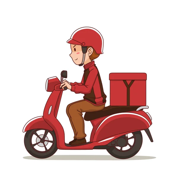 Мультяшний Характер Доставки Їжі Чоловік Їде Червоному Мотоциклі — стоковий вектор