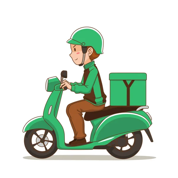 Karakter Kartun Pria Pengantar Makanan Mengendarai Sepeda Motor Hijau - Stok Vektor