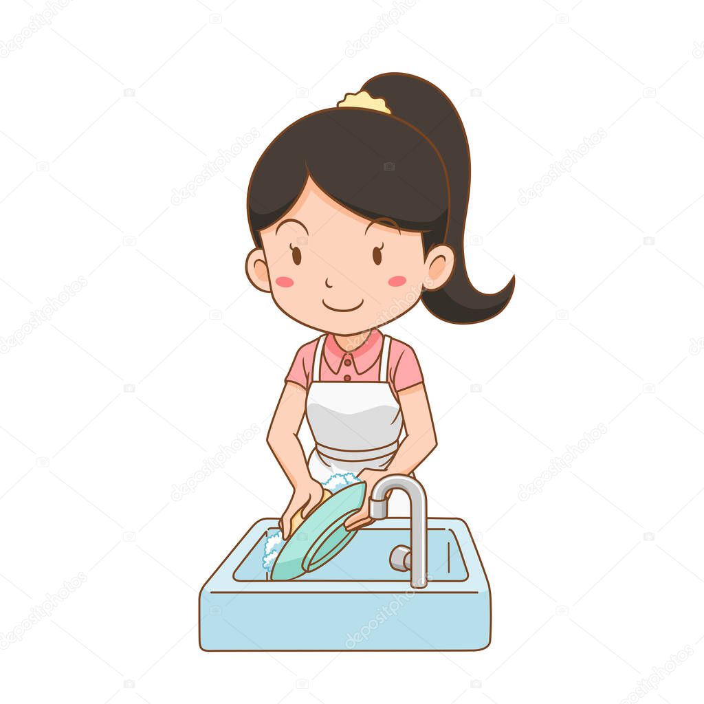 Cartoon character of woman washing dish.