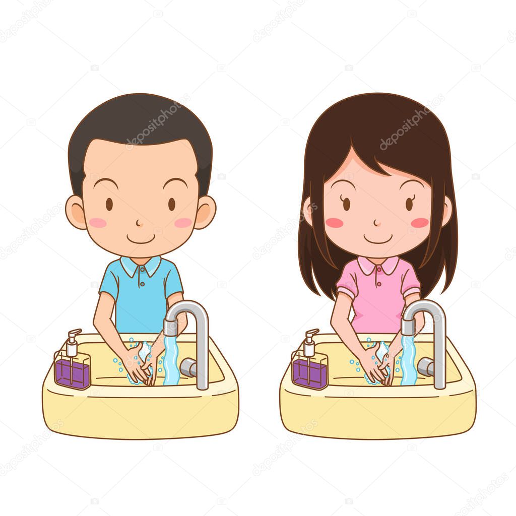 Cartoon character of cute boy and girl washing hand.