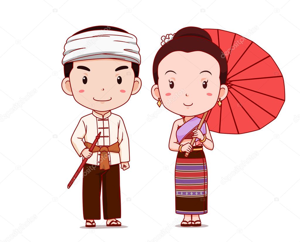 Cute couple of cartoon characters in Thai Lanna traditional costume.