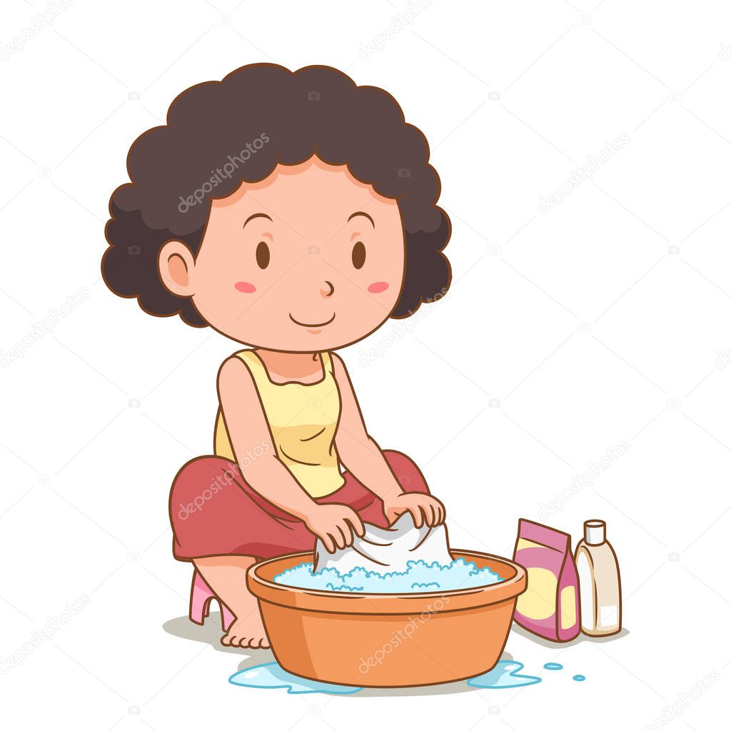 Cartoon character of woman washing clothes with a plastic basin.