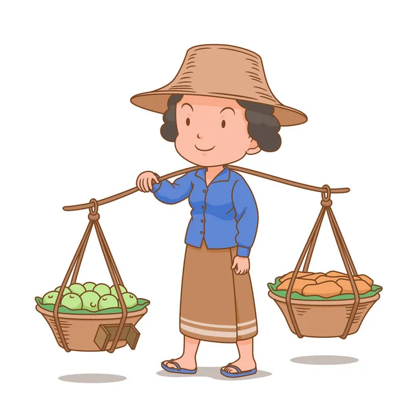 Γελοιογραφία Χαρακτήρα Της Ταϊλάνδης Γυναίκα Γεράκι Μεταφέρουν Καλάθια Φρούτων — Διανυσματικό Αρχείο