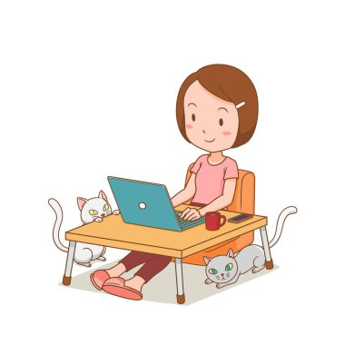 Evde dizüstü bilgisayarla çalışan serbest çalışan kızın çizgi film karakteri..