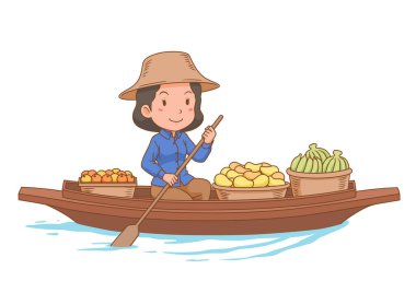 Cartoon character of floating market vendor rowing the boat. clipart