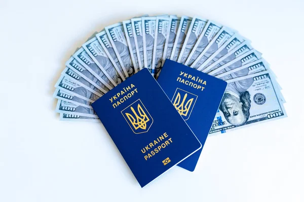 Dois passaportes de ukraine no fundo do dinheiro. O conceito de viagem e negócios — Fotografia de Stock