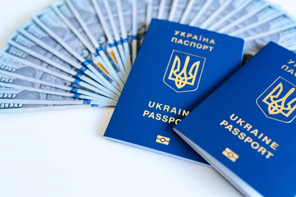 Dois passaportes de ukraine no fundo do dinheiro. O conceito de viagem e negócios — Fotografia de Stock