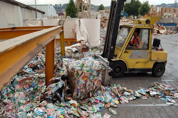 Loading of sorted garbage at the waste processing plant. Packaging and paper.