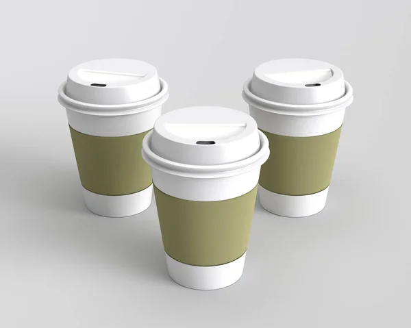 Paper cups with caps isolated on gray background, 3D rendering