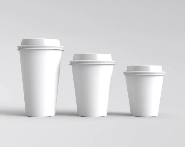 Paper cups with caps isolated on gray background, 3D rendering