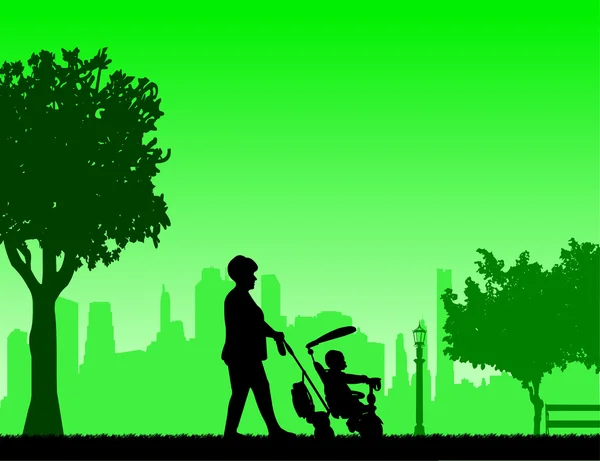 Abuela caminando con su nieto en un triciclo en el parque — Foto de Stock