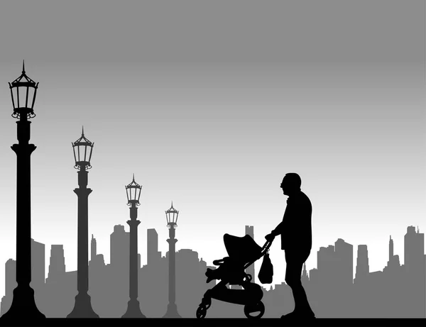 Grandfather walking with her grandson in stroller on the street — Stock Vector