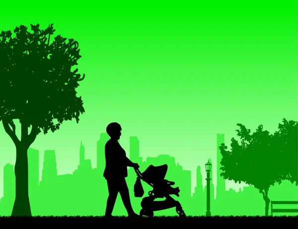 Grandmother walking with her grandson in stroller in park — Stock Vector