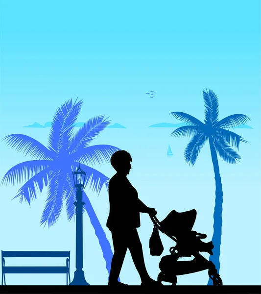 Avó andando com seu neto em carrinho na praia , —  Vetores de Stock