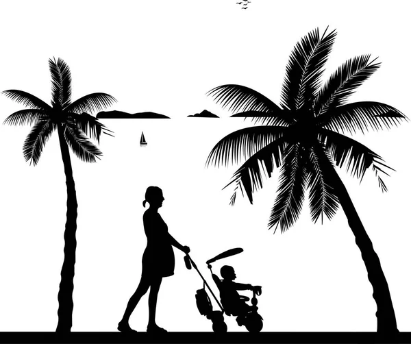 Gravid kvinna promenerar med sin son i trehjuling på stranden — Stock vektor
