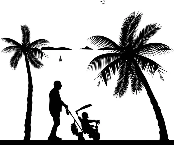 Abuelo caminando con su nieto en triciclo en la playa — Vector de stock