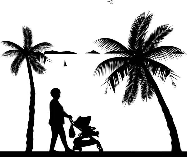 Grandmother walking with her grandson on stroller on the beach — Stock Vector