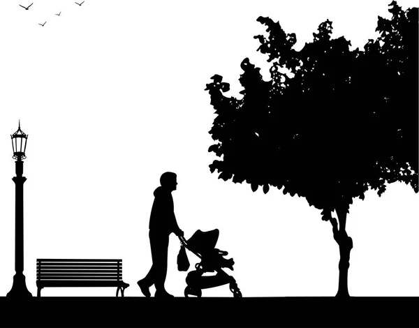 Babası onun Bebek arabasındaki bebek parkta yürüyüş — Stok Vektör