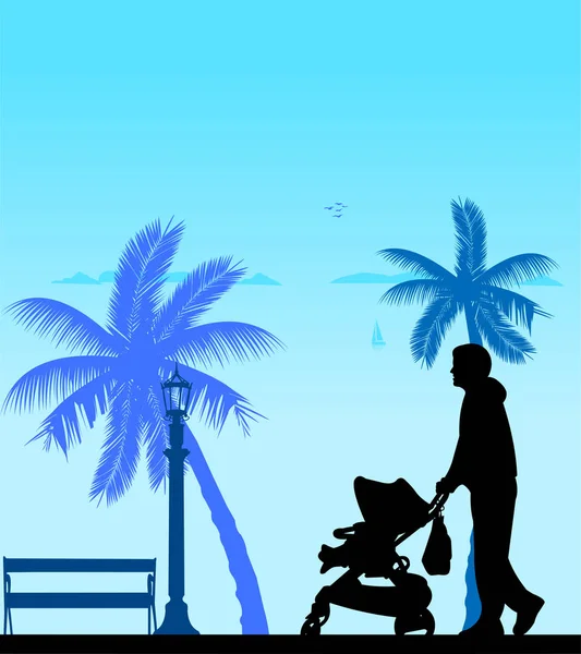 Atya, az ő gyermeke egy babakocsi séta a tengerparton — Stock Vector