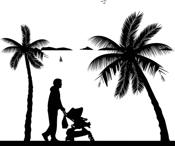 Padre caminando con su bebé en un cochecito en la playa — Vector de stock