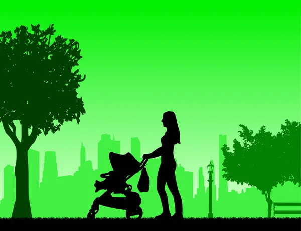 Mutter läuft mit Baby im Kinderwagen im Park — Stockvektor