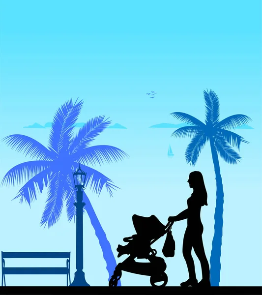 Mor som promenerar med sin baby i en barnvagn på stranden — Stock vektor