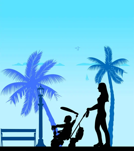 Mor gå med sitt barn på en trehjuling på stranden — Stock vektor