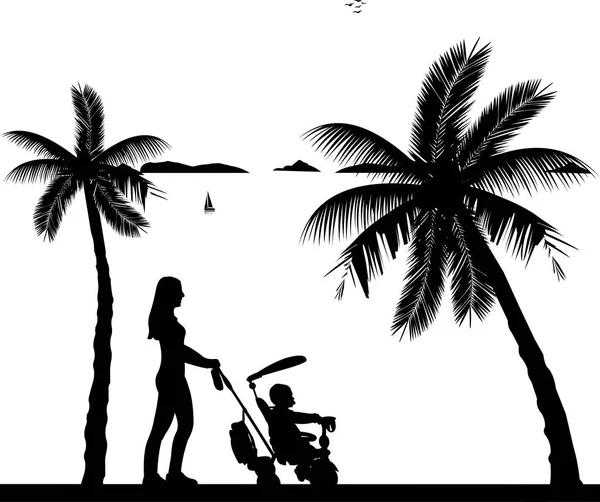 Moeder wandelen met haar baby op een driewieler op het strand — Stockvector