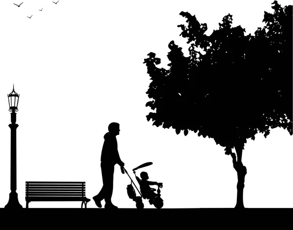 Father walking with his baby a tricycle in the park — Stock Vector